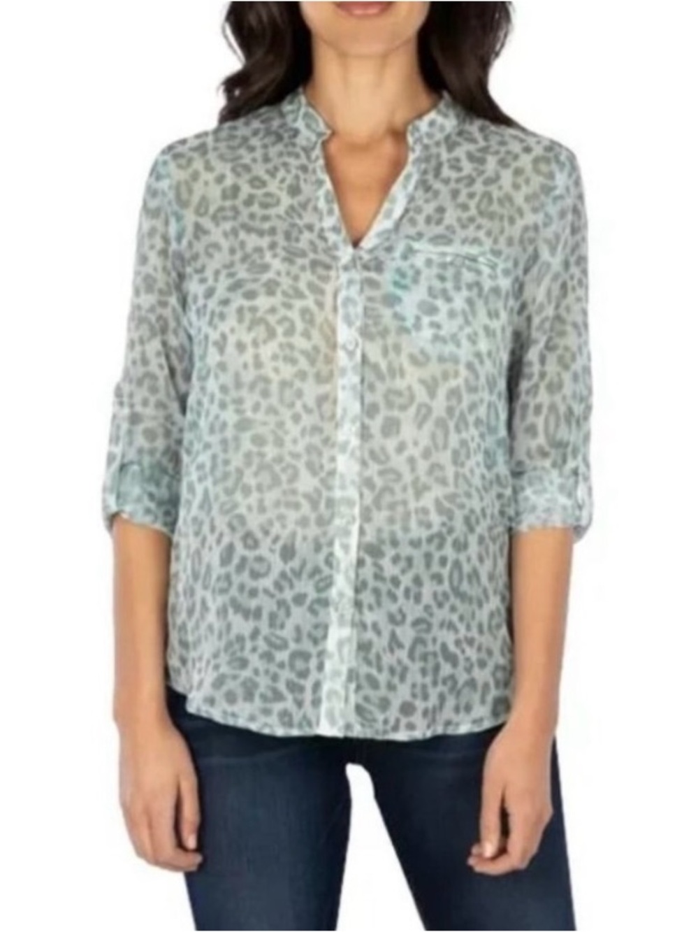 Kut from the Kloth Light Green Leopard Print Button-Down Blouse